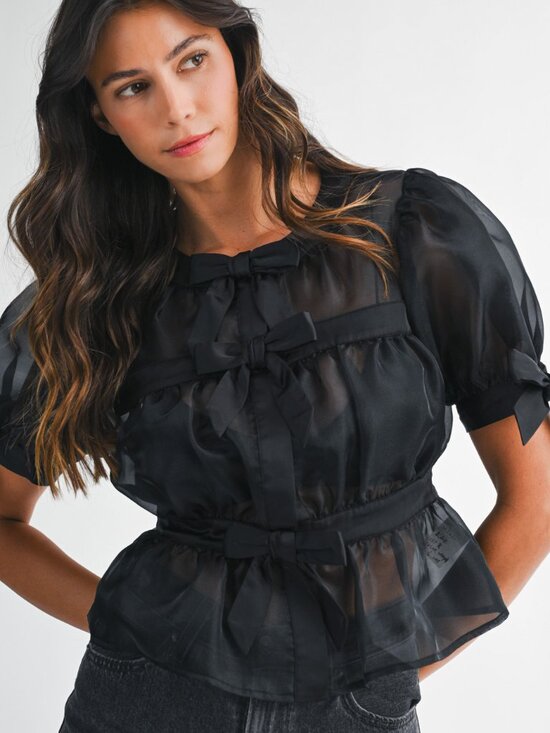 NWT Mable Black Aurelie Organza Bow Puff Short Sleeve Top - Picture 4 of 6
